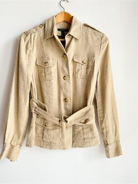 Lauren Ralph Lauren Beige Gold Metallic Thread Silk Linen Belted